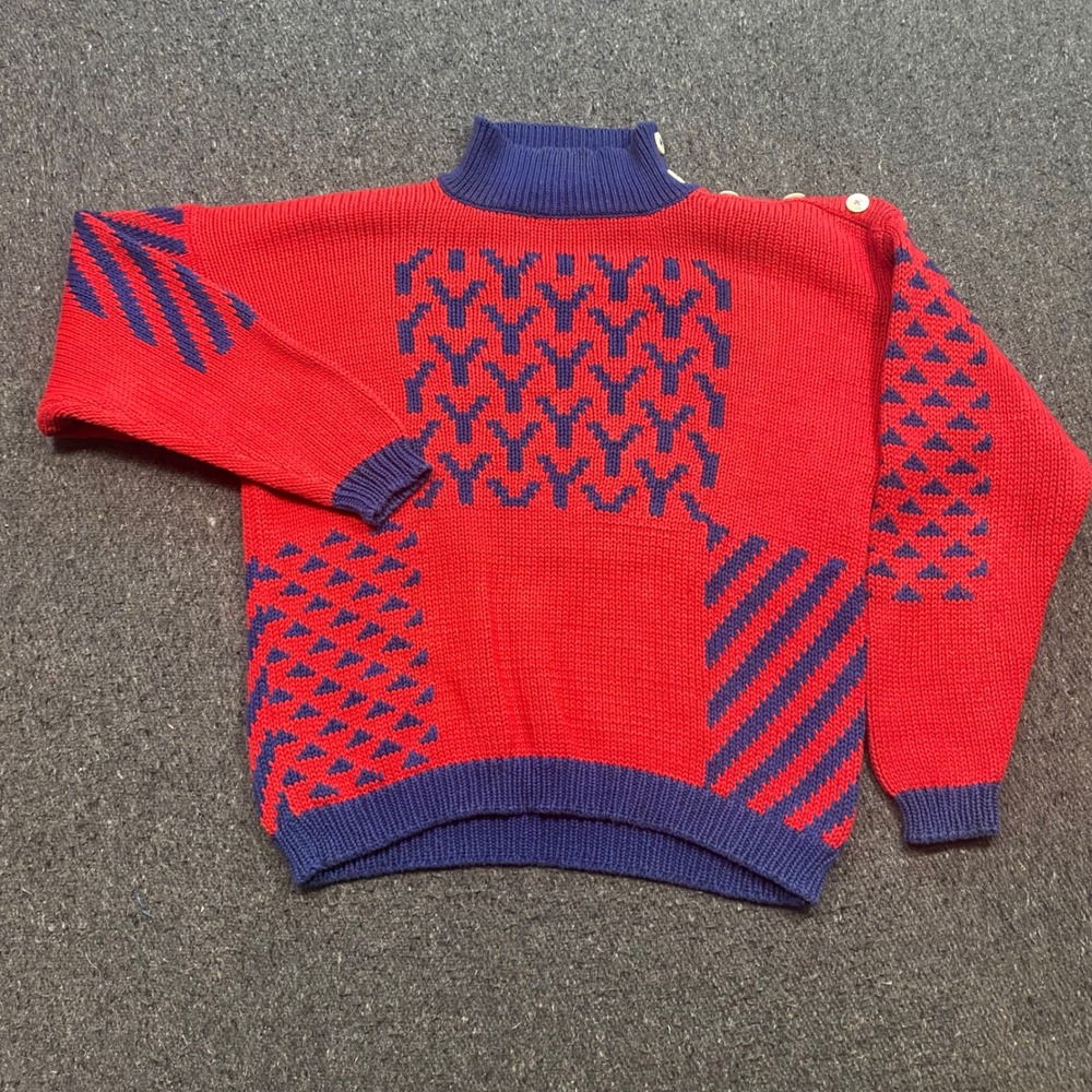 Harolds Vintage Sweater Sz S Womens Red Blue Geometric Mock Neck Button Shoulder